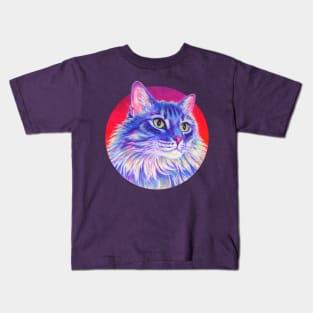 Purple Rainbow Longhair Tabby Cat Kids T-Shirt